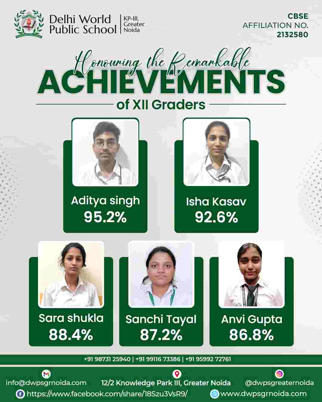 Delhi World Public School, KP-III, Greater Noida excels in CBSE Class 12th
